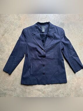 Navy blue linen blend blazer with floral embroidery